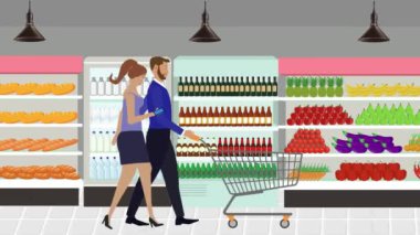 Erkekler ve kadınlar marketin içinde alışveriş arabası ve çizgi film animasyonlarıyla yürüyorlar.