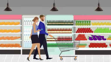 Erkekler ve kadınlar marketin içinde alışveriş arabası ve çizgi film animasyonlarıyla yürüyorlar.