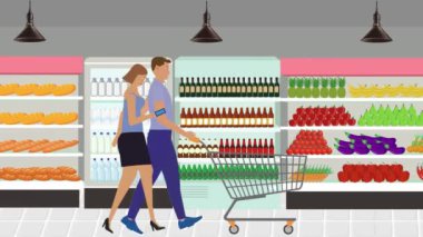 Erkekler ve kadınlar marketin içinde alışveriş arabası ve çizgi film animasyonlarıyla yürüyorlar.