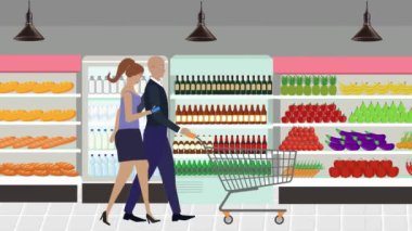 Erkekler ve kadınlar marketin içinde alışveriş arabası ve çizgi film animasyonlarıyla yürüyorlar.