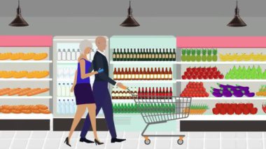 Erkekler ve kadınlar marketin içinde alışveriş arabası ve çizgi film animasyonlarıyla yürüyorlar.