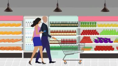 Erkekler ve kadınlar marketin içinde alışveriş arabası ve çizgi film animasyonlarıyla yürüyorlar.