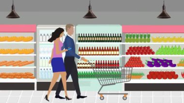 Erkekler ve kadınlar marketin içinde alışveriş arabası ve çizgi film animasyonlarıyla yürüyorlar.