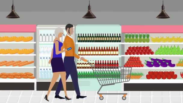 Mannen Vrouwen Paar Wandelen Markt Met Winkelwagen Animatie Cartoon — Stockvideo