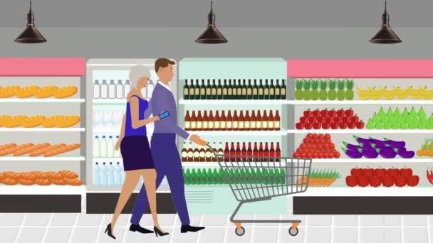 Erkekler Kadınlar Marketin Içinde Alışveriş Arabası Çizgi Film Animasyonlarıyla Yürüyorlar — Stok video