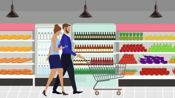 Pasangan Pria Dan Wanita Berjalan Dalam Pasar Dengan Keranjang Belanja — Stok Video