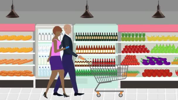 Männer Und Frauen Spazieren Mit Einkaufswagen Den Markt Zeichentrickanimation — Stockvideo