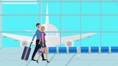 Havaalanında bavullarıyla yürüyen, seyahat eden bir çiftin çizgi filmi.