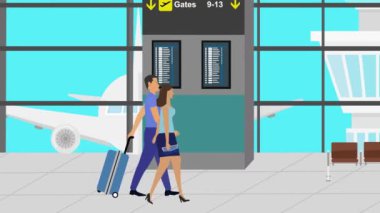 Havaalanında bavullarıyla yürüyen, seyahat eden bir çiftin çizgi filmi.
