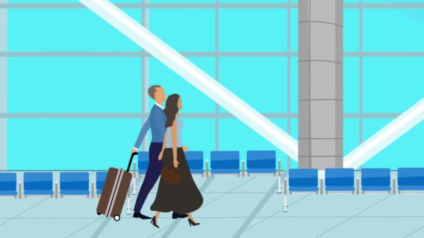 Cartoon Flat Animation Couple Walking Airport Baggage Traveling Time — Stock Video