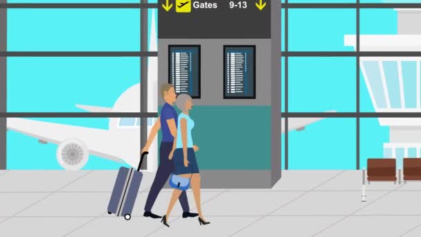Animasi Cartoon Flat Dari Pasangan Berjalan Bandara Dengan Bagasi Waktu — Stok Video