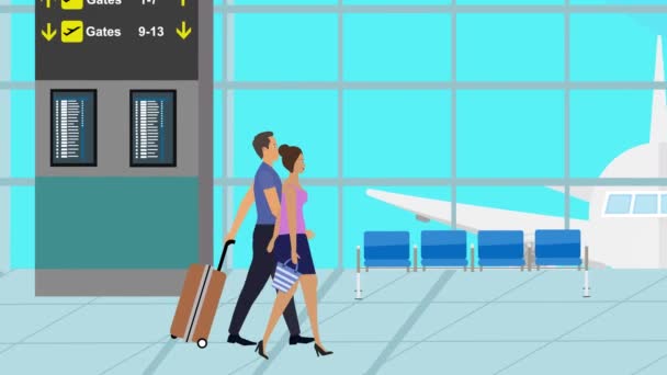 Κινούμενο Σχέδιο Επίπεδη Animation Ζευγάρι Περπάτημα Στο Αεροδρόμιο Αποσκευές Χρόνος — Αρχείο Βίντεο