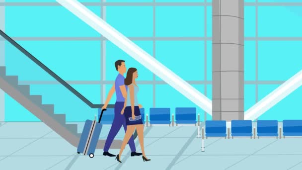 手荷物と空港を歩くカップルの漫画のフラットアニメーション 旅行時間 — ストック動画