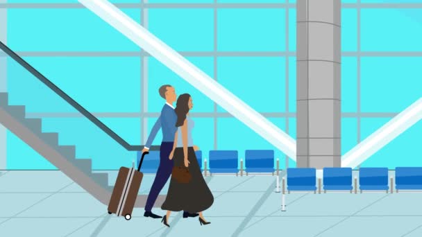 Desenhos Animados Animação Plana Casal Andando Aeroporto Com Bagagem Tempo — Vídeo de Stock