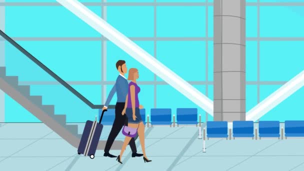 Мультфільм Плоска Анімація Пара Йде Аеропорту Багажем Подорожі Час — стокове відео