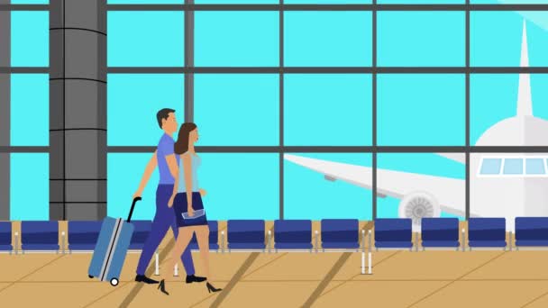 Мультфільм Плоска Анімація Пара Йде Аеропорту Багажем Подорожі Час — стокове відео