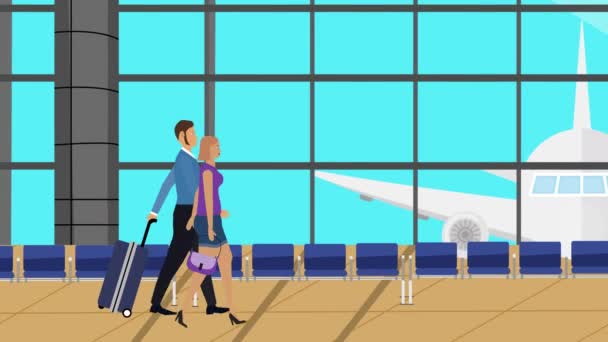 Tecknad Platt Animation Par Promenader Flygplatsen Med Bagage Restid — Stockvideo