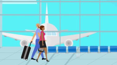 Havaalanında bavullarıyla yürüyen, seyahat eden bir çiftin çizgi filmi.