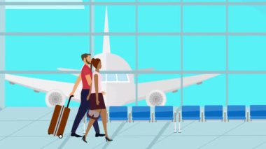 Havaalanında bavullarıyla yürüyen, seyahat eden bir çiftin çizgi filmi.
