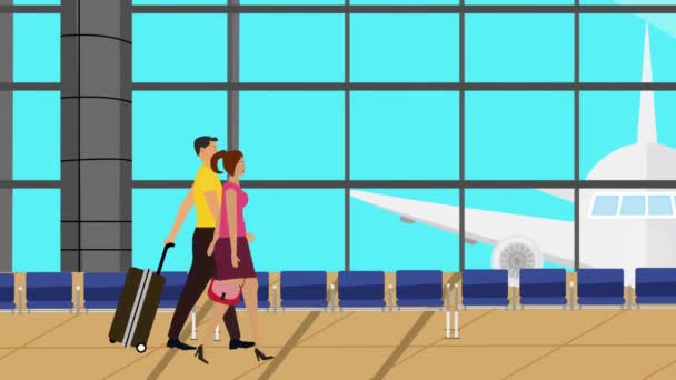 Cartoon Flat Animation Couple Walking Airport Baggage Traveling Time — Stock Video