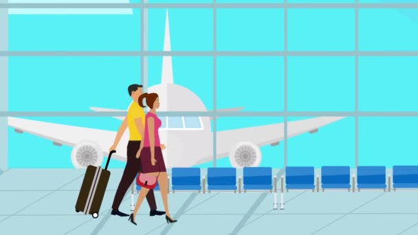 Havaalanında Bavullarıyla Yürüyen Seyahat Eden Bir Çiftin Çizgi Filmi — Stok video