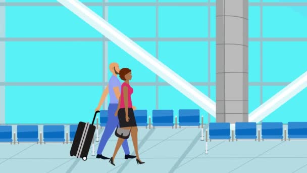 Kreskówka Płaska Animacja Para Spaceru Lotnisku Bagażem Czas Podróży — Wideo stockowe