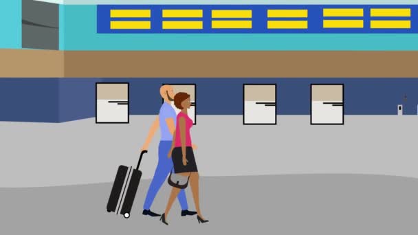 Desenhos Animados Animação Plana Casal Andando Aeroporto Com Bagagem Tempo — Vídeo de Stock