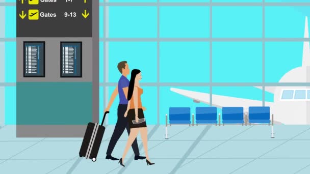 Dibujos Animados Animación Plana Pareja Caminando Aeropuerto Con Equipaje Tiempo — Vídeos de Stock