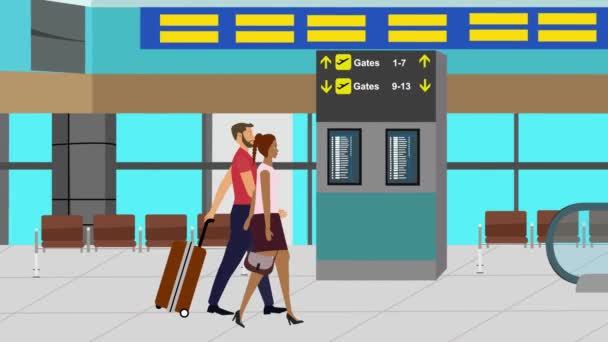 Havaalanında Bavullarıyla Yürüyen Seyahat Eden Bir Çiftin Çizgi Filmi — Stok video