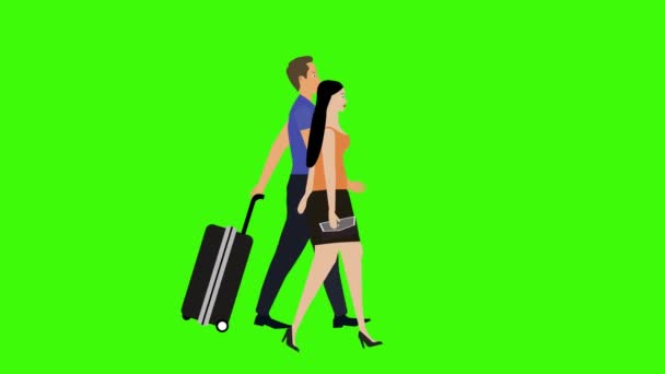 Cartoon Animation Couple Walking Trolley Baggage Vacation Seamless Loop — Stock Video
