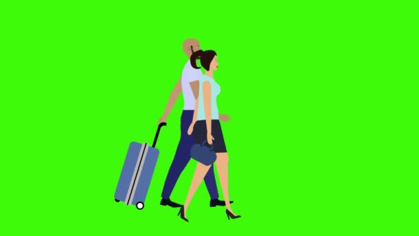 Tecknad Animation Par Promenader Med Vagn Bagage Till Semester Sömlös — Stockvideo