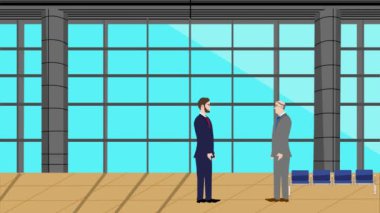 Modern ofis alanında birbiriyle konuşan iki iş adamının 2D animasyonu
