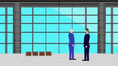 Modern ofis alanında birbiriyle konuşan iki iş adamının 2D animasyonu