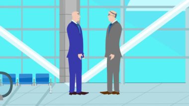 Modern ofis alanında birbiriyle konuşan iki iş adamının 2D animasyonu