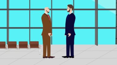 Modern ofis alanında birbiriyle konuşan iki iş adamının 2D animasyonu