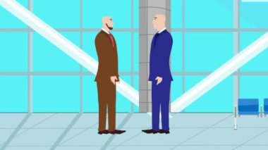 Modern ofis alanında birbiriyle konuşan iki iş adamının 2D animasyonu