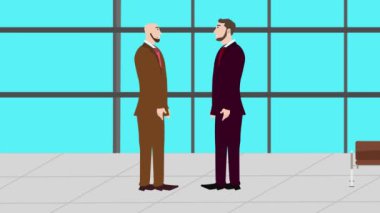 Modern ofis alanında birbiriyle konuşan iki iş adamının 2D animasyonu