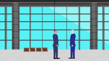 Modern ofis alanında birbiriyle konuşan iki iş adamının 2D animasyonu