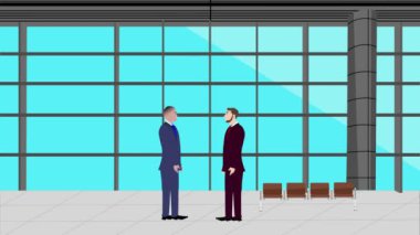 Modern ofis alanında birbiriyle konuşan iki iş adamının 2D animasyonu