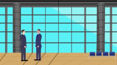 Modern ofis alanında birbiriyle konuşan iki iş adamının 2D animasyonu