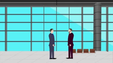 Modern ofis alanında birbiriyle konuşan iki iş adamının 2D animasyonu
