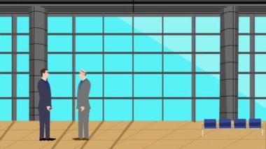Modern ofis alanında birbiriyle konuşan iki iş adamının 2D animasyonu