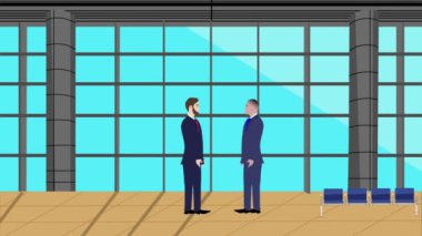 Modern ofis alanında birbiriyle konuşan iki iş adamının 2D animasyonu