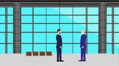 Modern ofis alanında birbiriyle konuşan iki iş adamının 2D animasyonu