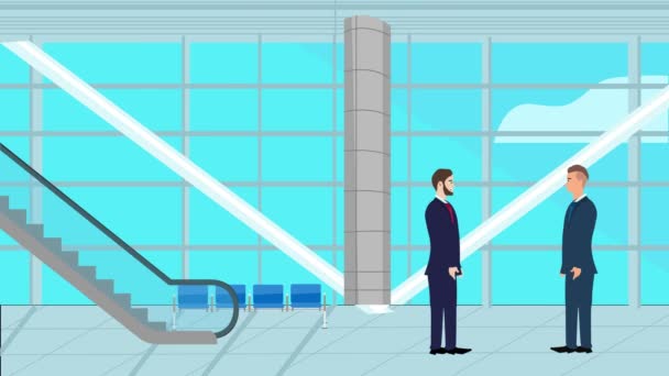 2人のビジネスマンキャラクターが現代のオフィスエリアでお互いに話し合う2Dアニメーション — ストック動画