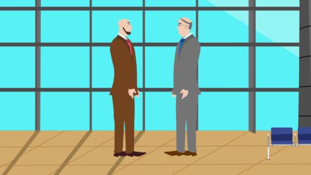 2人のビジネスマンキャラクターが現代のオフィスエリアでお互いに話し合う2Dアニメーション — ストック動画