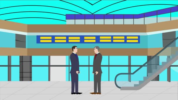 Animaatio Kahden Liikemiehen Hahmo Puhuu Toisilleen Moderni Toimistoalueella — kuvapankkivideo