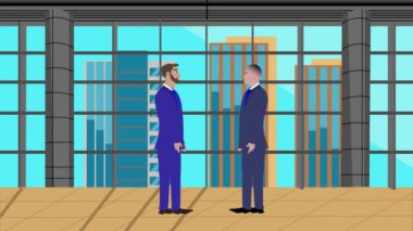 Modern ofis alanında birbiriyle konuşan iki iş adamının 2D animasyonu