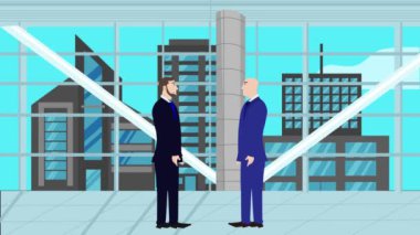 Modern ofis alanında birbiriyle konuşan iki iş adamının 2D animasyonu