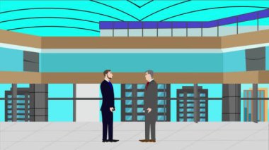 Modern ofis alanında birbiriyle konuşan iki iş adamının 2D animasyonu